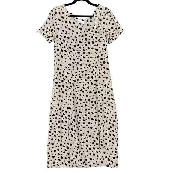 Good Dress Womens Large Tan Polka Dot 100% Slik Short Sleeve Midi - Picture 1 of 10